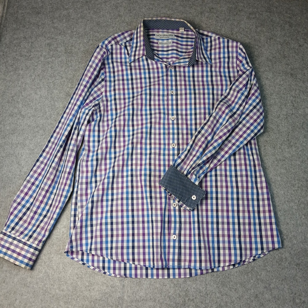 Nick Graham Button Down Shirt Men XL Purple‎ Blue Plaid Stretch Modern Fit L Slv